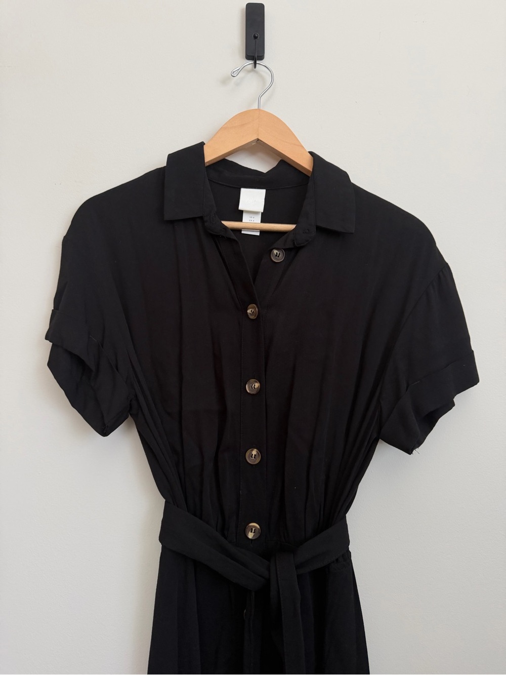 Black Button-Front Maxi Shirt Dress with Waist Tie